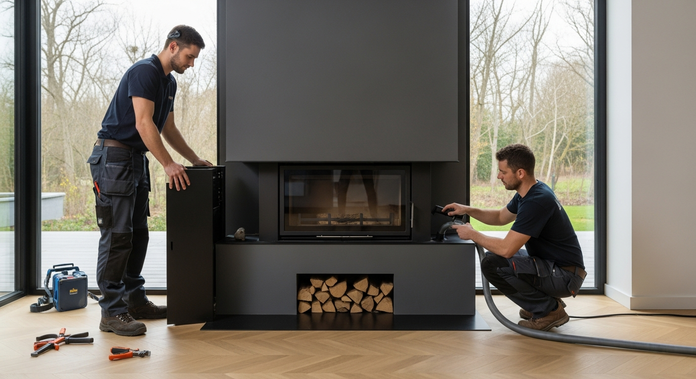 Équipe Cheminée Discounter préparant une installation