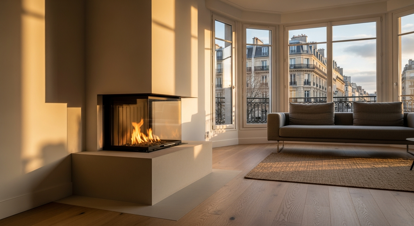Installation cheminée moderne dans salon contemporain