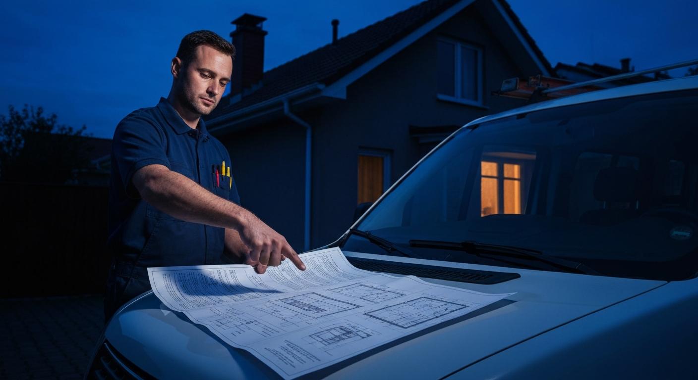 Technicien expliquant les plans d'évacuation pour installation de cheminée